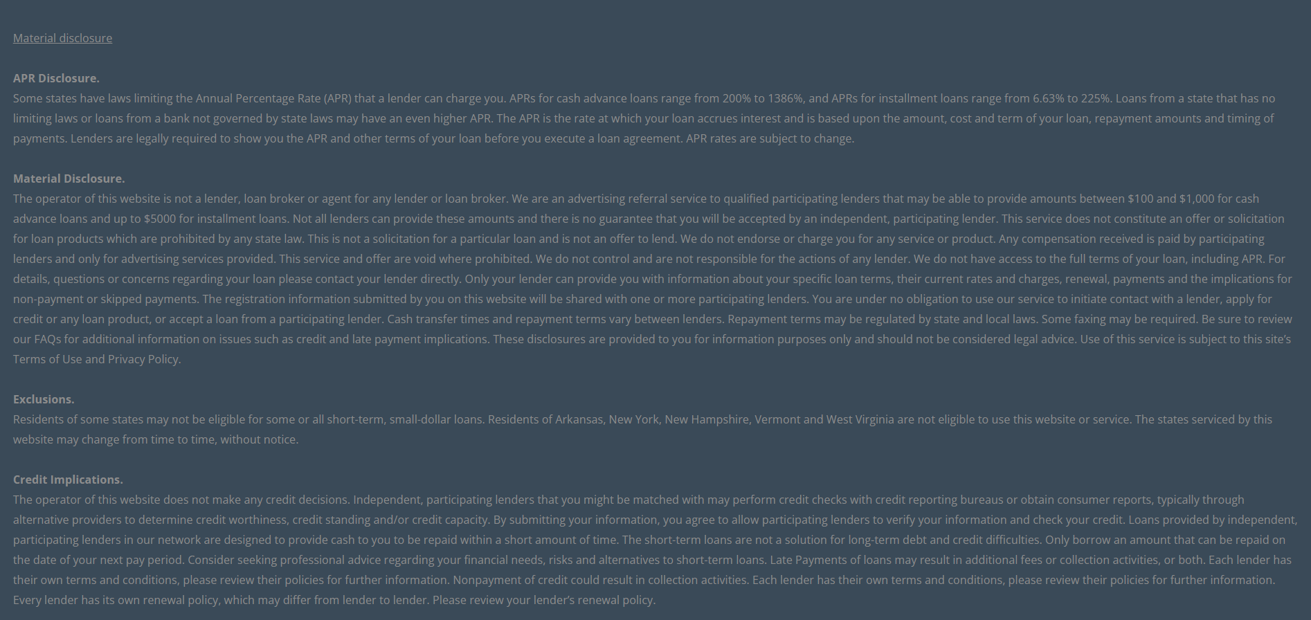 Material disclosure for payday loans in Memphis Tennessee